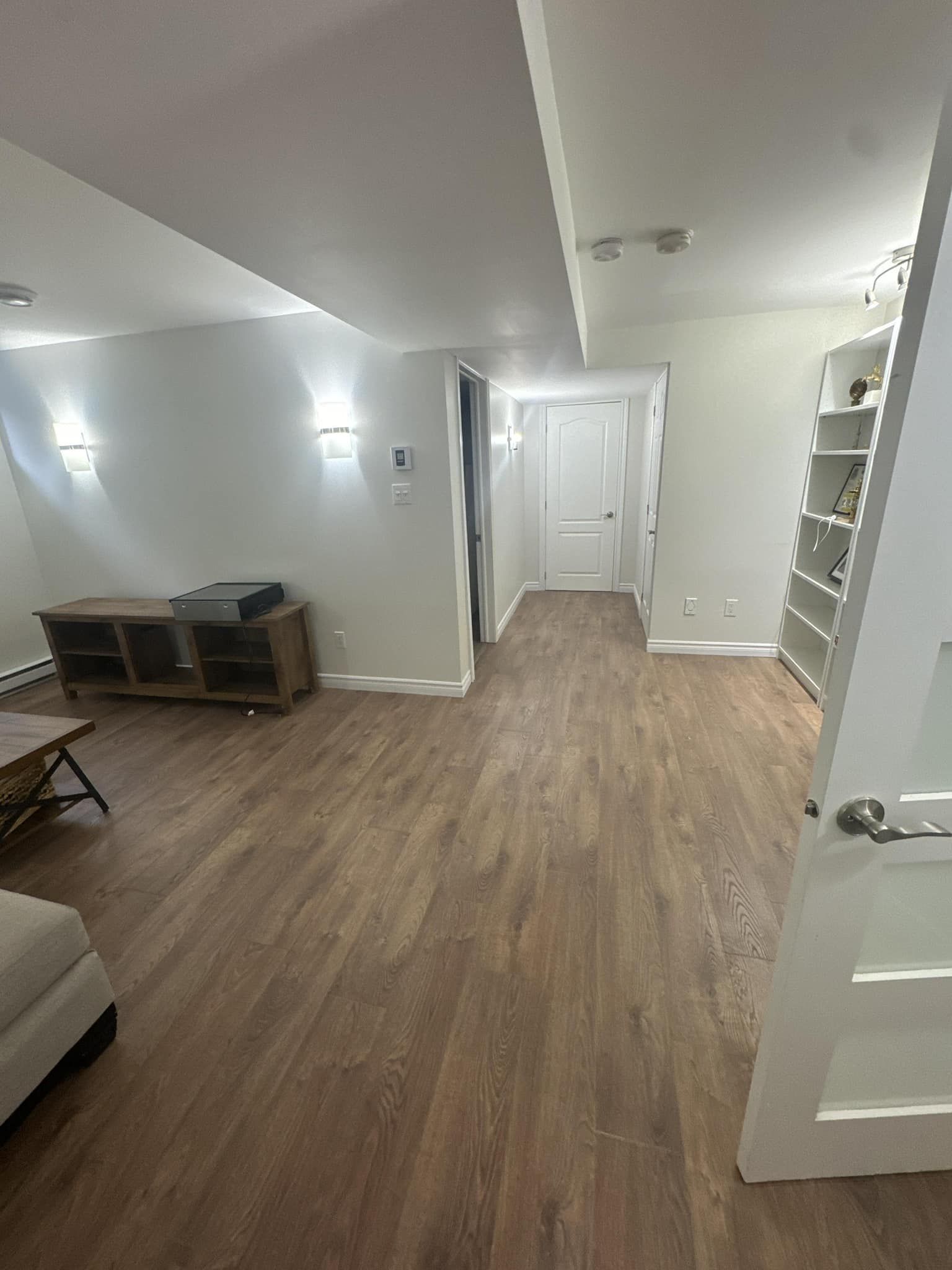 Un sous-sol aménagé avec parquet, étagères et porte. Murs blanc cassé et meuble TV bas sur la gauche.