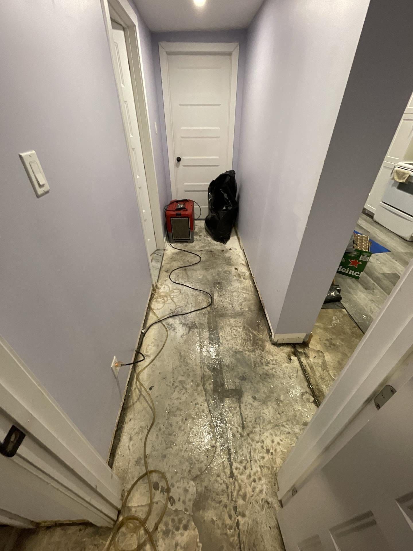 Couloir étroit avec sol apparent, murs violet clair, une porte blanche fermée au fond et un sac-poubelle noir.