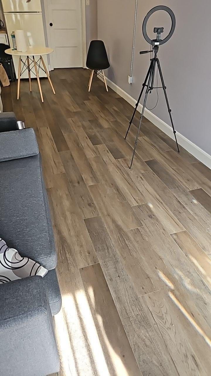 Intérieur de la pièce avec sol imitation bois, canapé gris, anneau lumineux sur trépied et deux chaises.