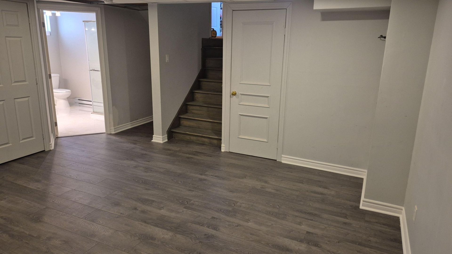 Intérieur du sous-sol avec murs gris, sol imitation bois et escalier. Deux portes fermées sont visibles.
