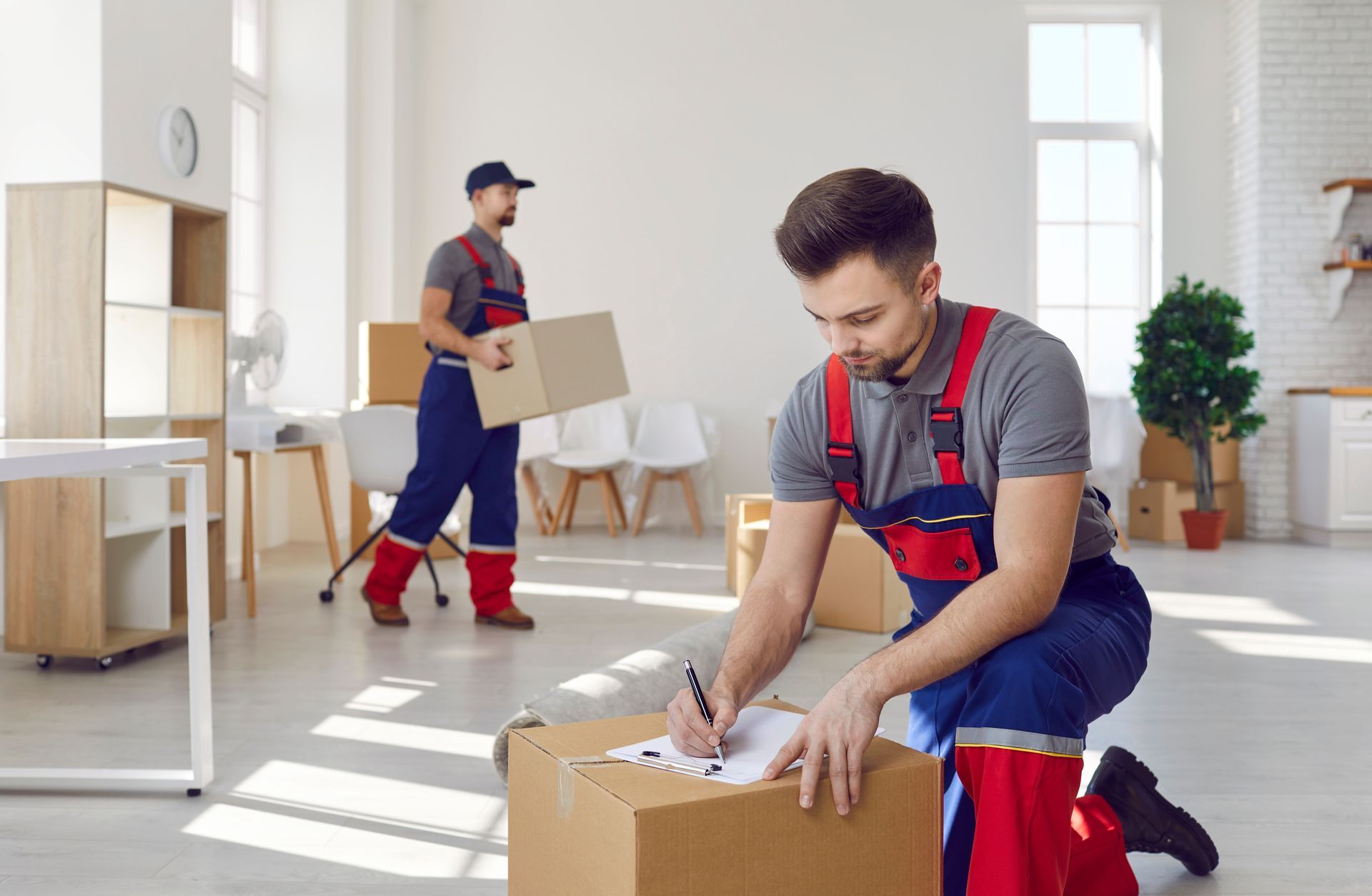Two movers in red overalls packing boxes in a bright room with moving supplies and sunlight.