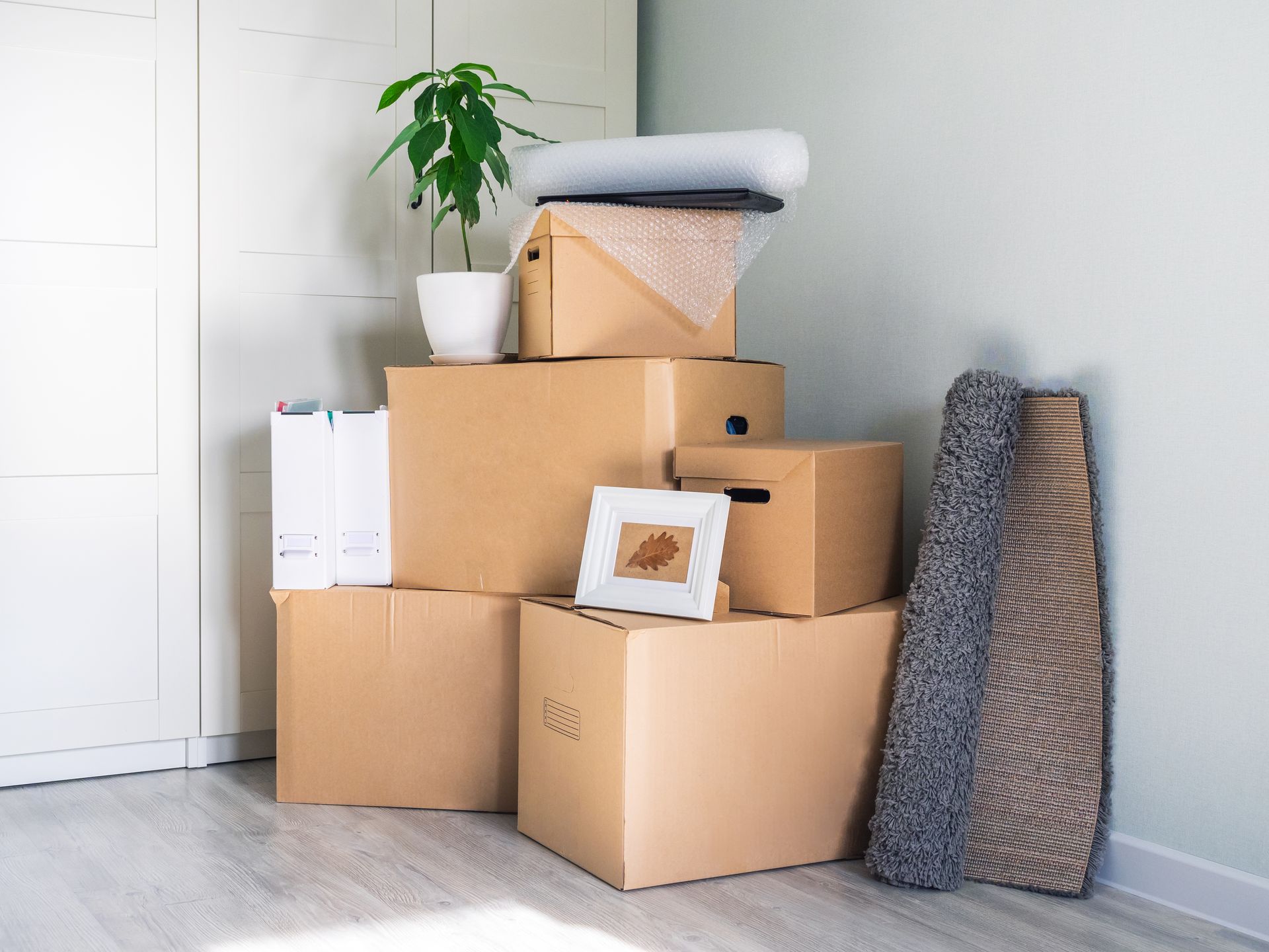 Stacked moving boxes and household items in a bright empty room with a plant by the wall