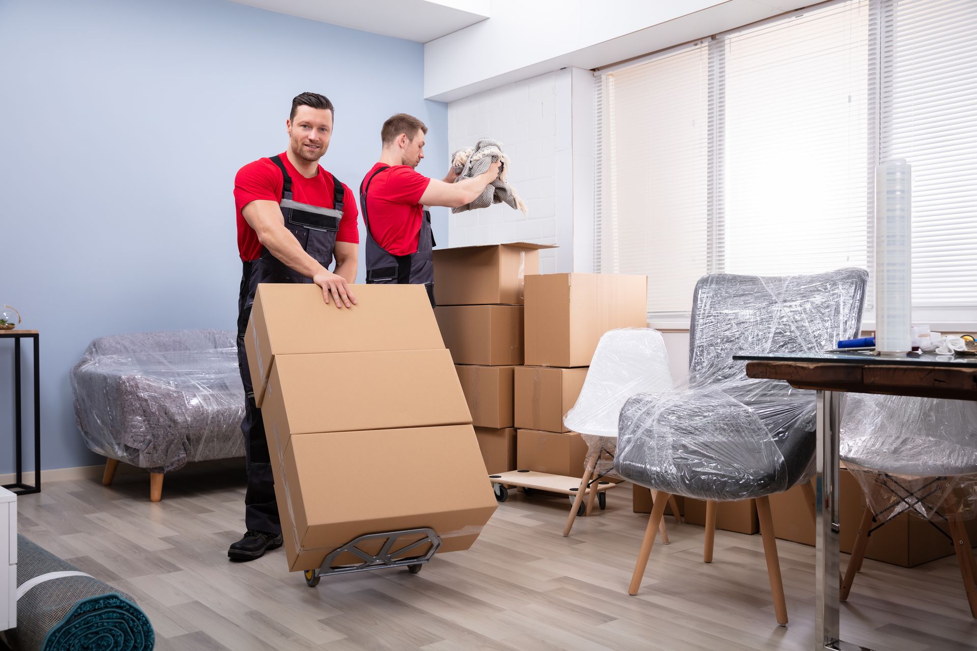 two men are moving boxes in a living room .