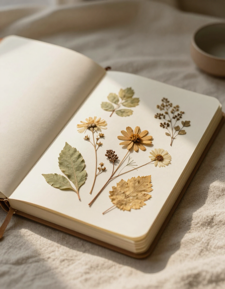 Open notebook on linen surface with dried botanicals and warm afternoon light