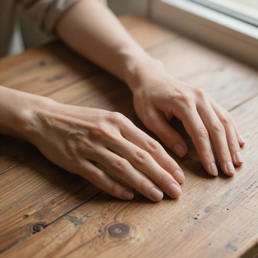 Two hands resting on a wooden table in warm light