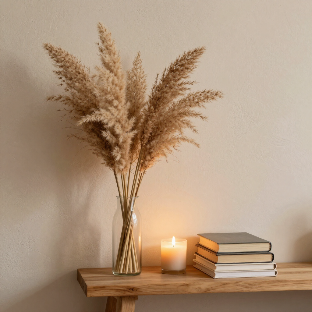 Softly lit interior shelf with dried pampas grass, books, and a candle