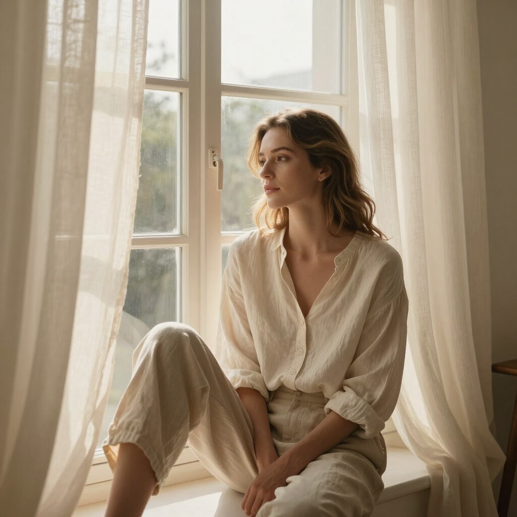 Woman seated near a window in warm morning light looking outward