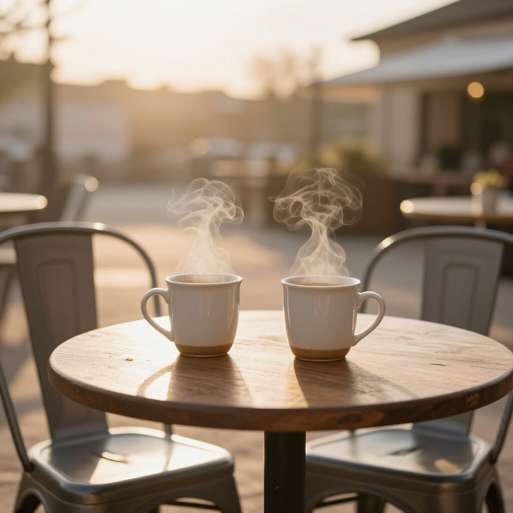 Two mugs on a cafe table with empty chairs facing each other in morning light