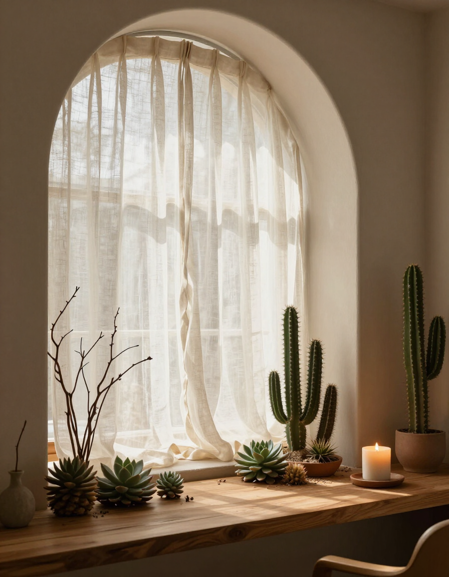 Soft natural light through an arched window with linen curtains, candle, and desert botanicals