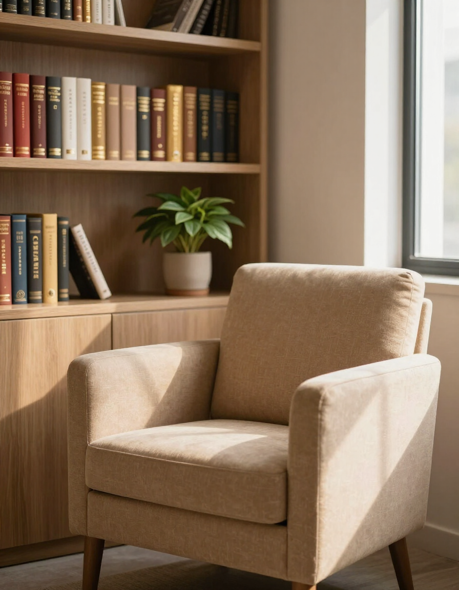 Calm, warmly lit therapy office with a soft chair, bookshelf, and gentle side lighting
