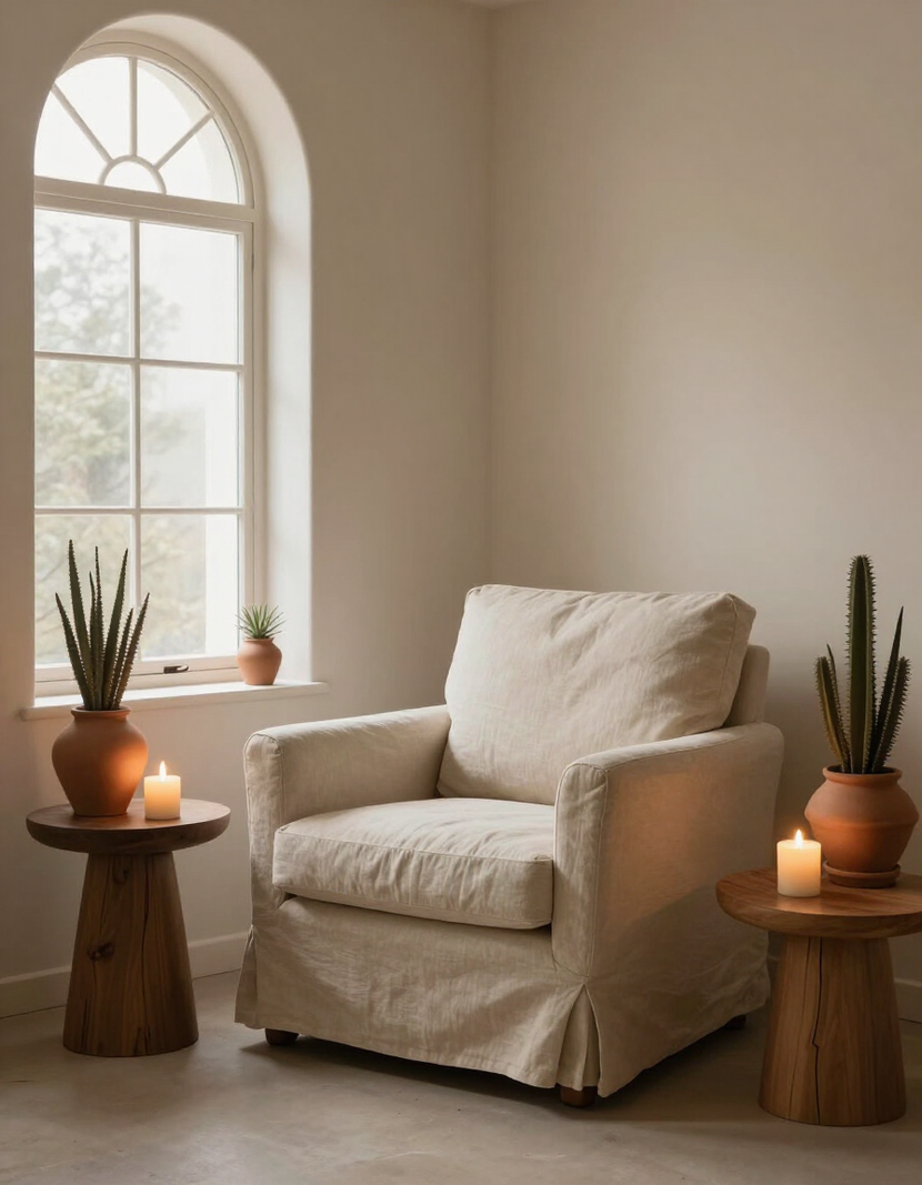 Warm therapy office with arched window and linen armchair
