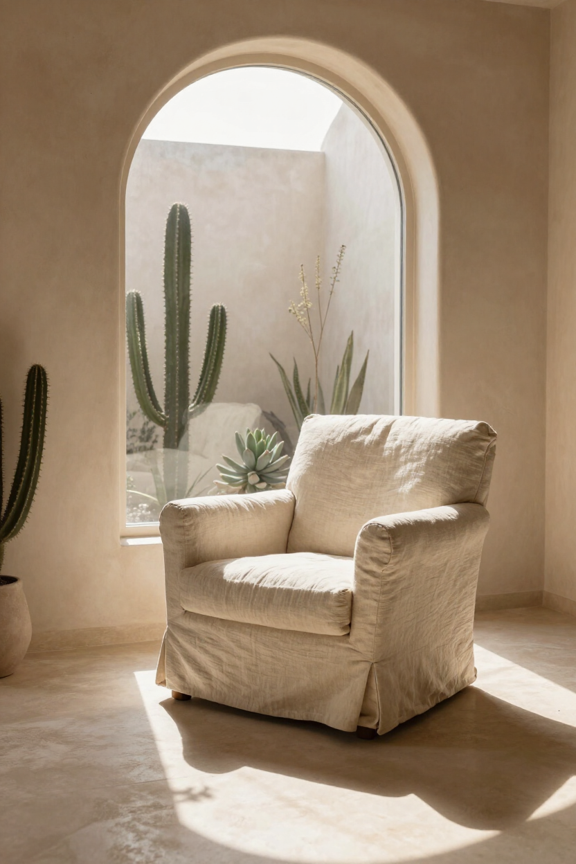 A soft, warm therapy room interior with a cream linen armchair beside a sun-drenched arched window