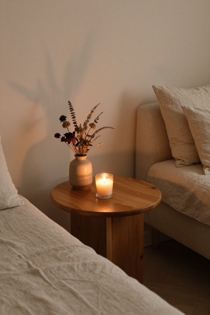 A warm, softly lit therapy room interior with a candle and dried botanical arrangement
