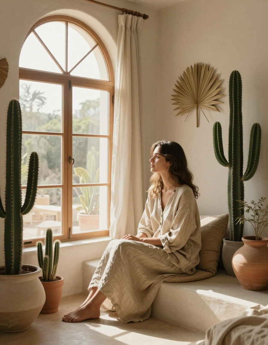 Woman seated peacefully near an arched window with warm desert botanical surroundings
