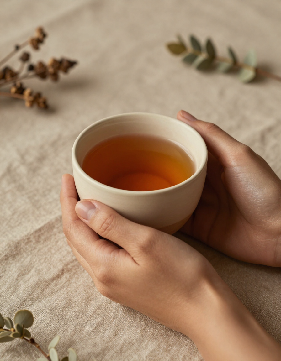 Close-up of hands cradling a ceramic tea cup with warm golden light and linen background