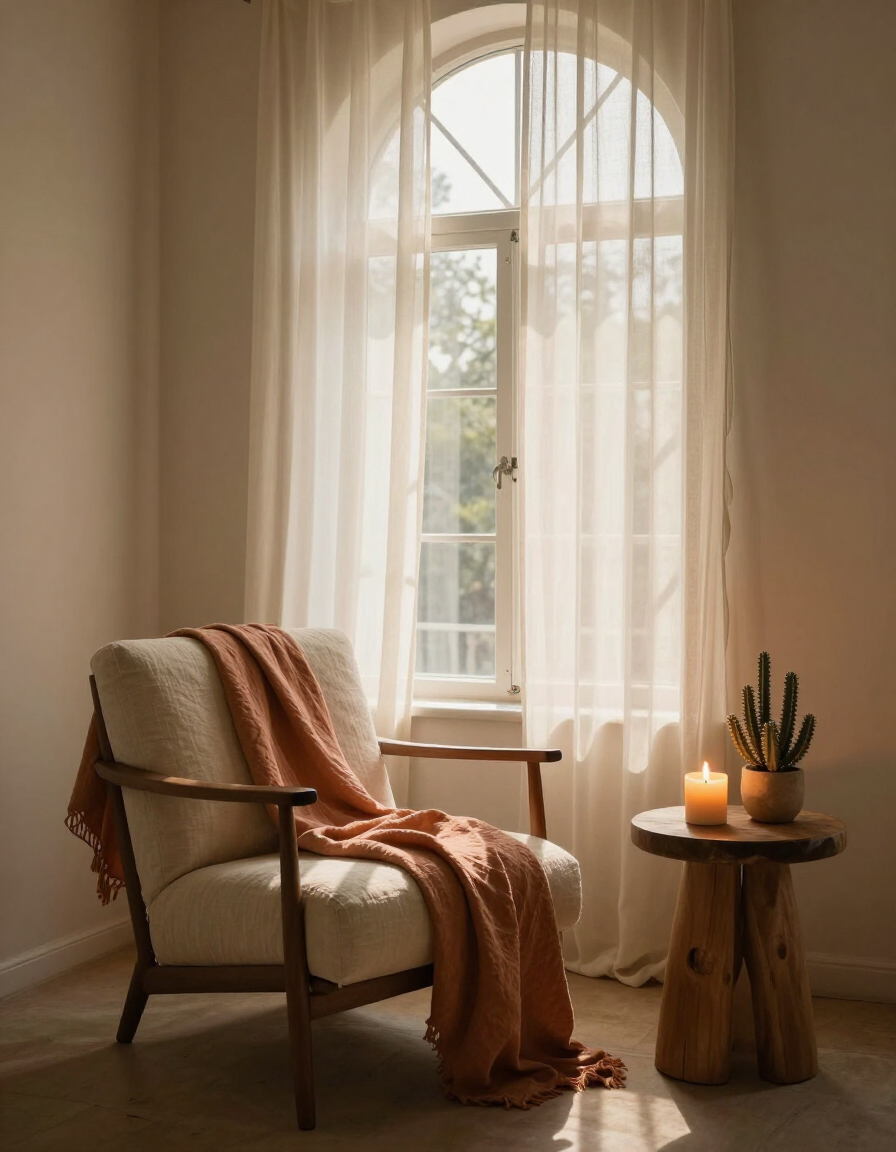 Softly lit therapy room with linen chair and arched window