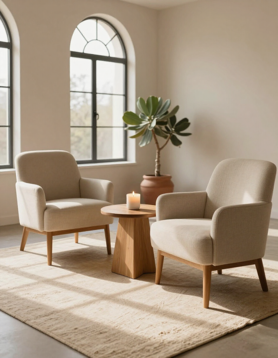 Warm therapy room with two chairs and arched window