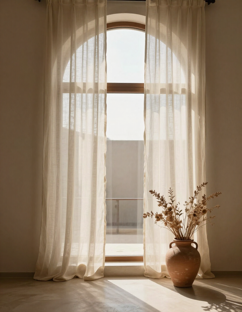 Warm softly lit therapy office interior with arched window