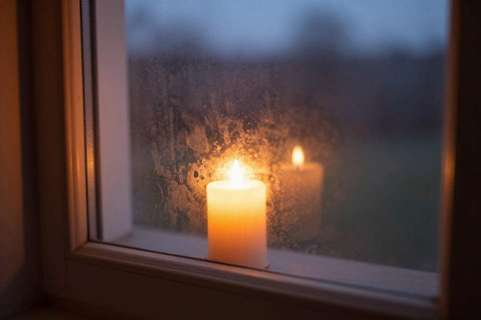 Soft candlelight reflected in a window at dusk