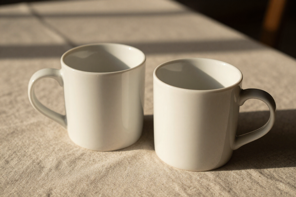 Two ceramic mugs on a linen tablecloth in morning light