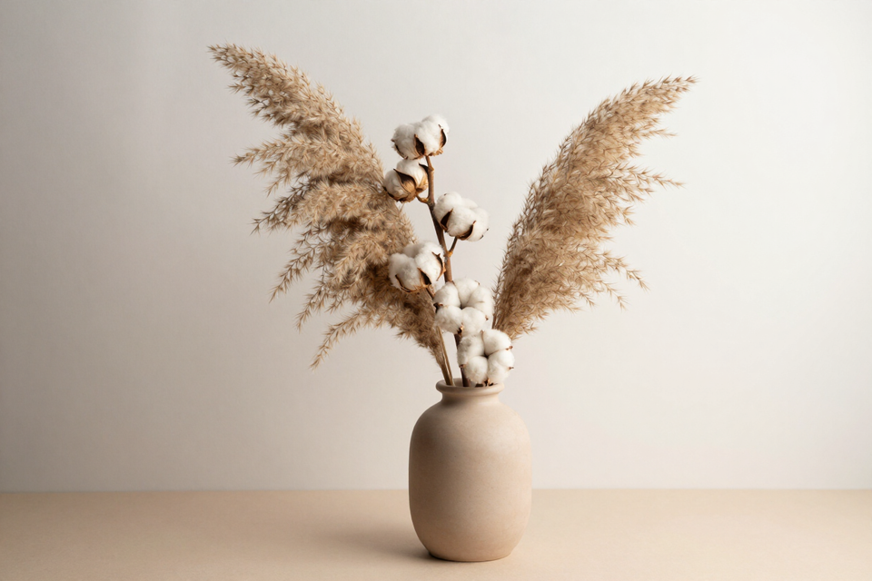 Dried pampas grass in a clay vessel with soft side light