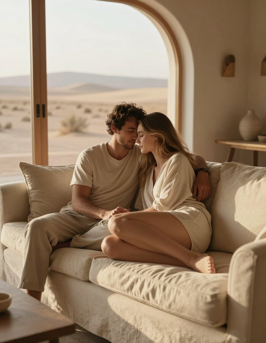 Couple sitting close together on a linen sofa in warm afternoon light