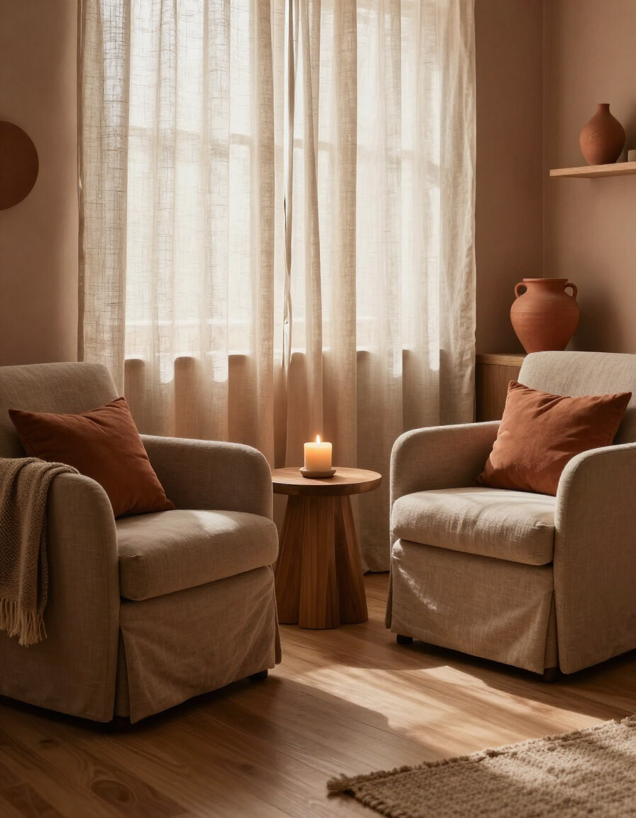 Warm therapy office with two chairs angled toward each other and soft afternoon light