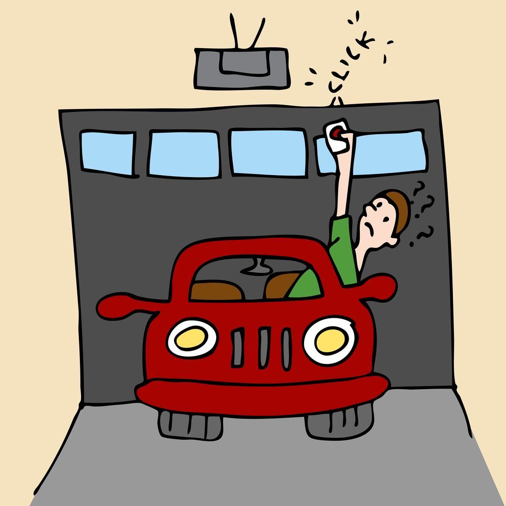 A cartoon of a man sitting in a red car