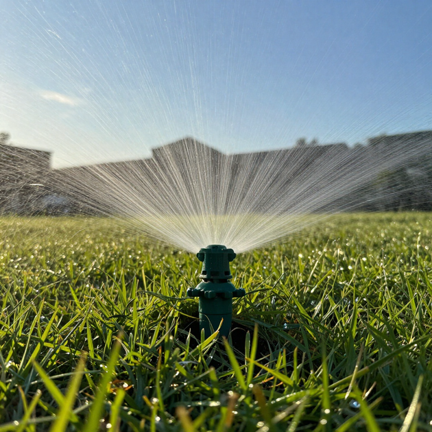 Green lawn sprinkler spraying water in a sunny backyard field