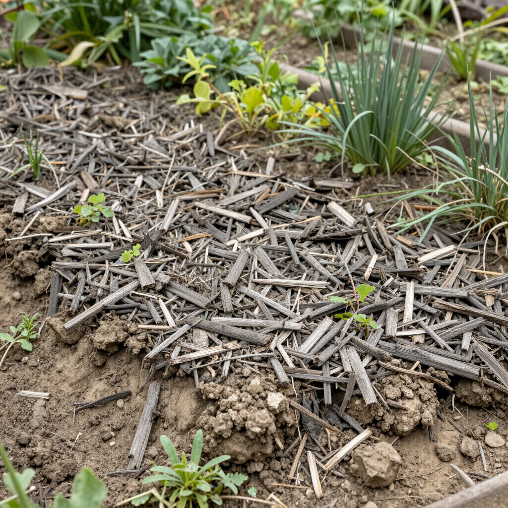 Mulched garden bed with small green plants and dry soil