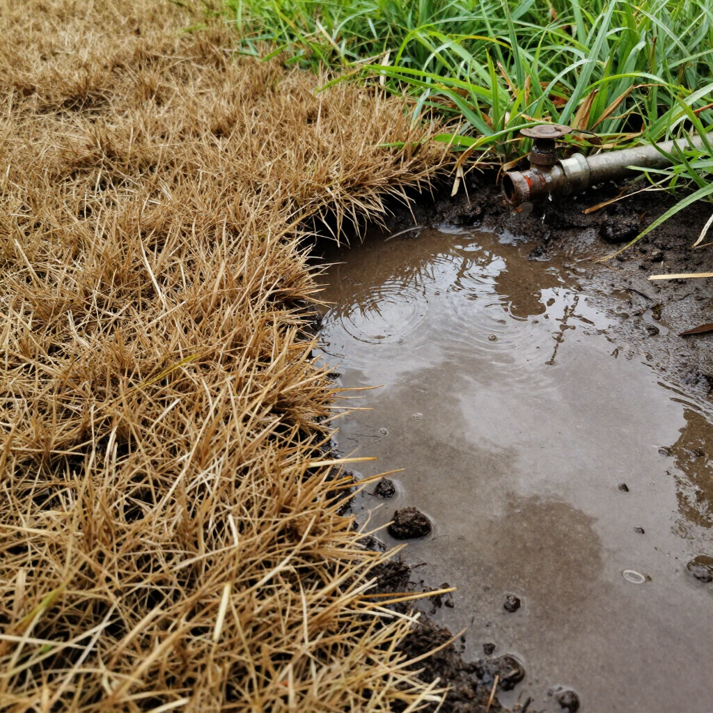 Shallow muddy puddle beside dried brown grass and green plants after rain