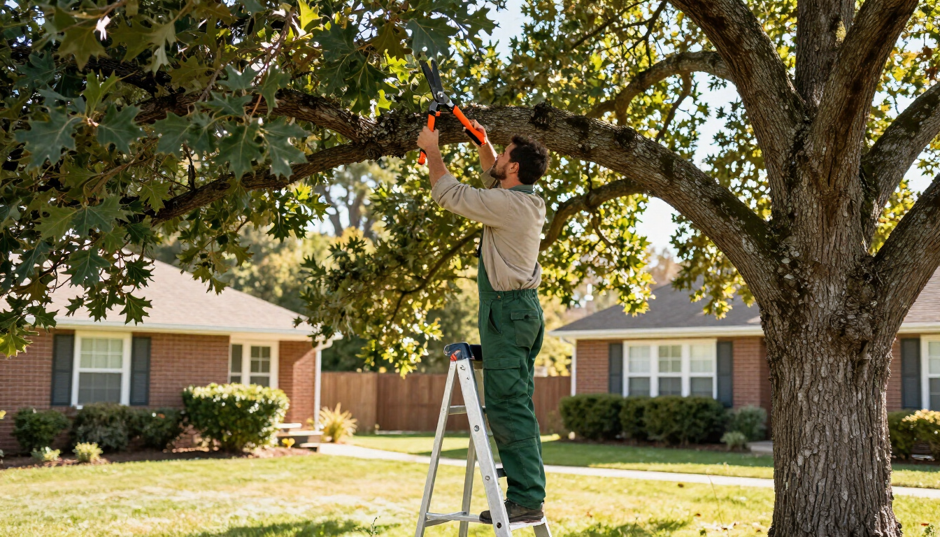 Person on a ladder trimming branches on a tree in a suburban yard