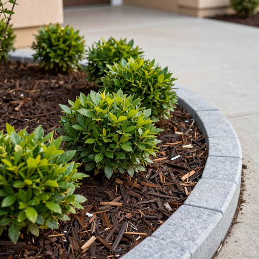 Green shrubs in a mulched bed beside a curved concrete curb and sidewalk