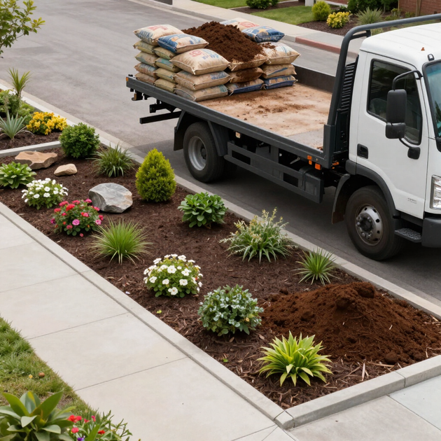 Pickup truck with stacked bags of mulch beside a freshly landscaped flower bed