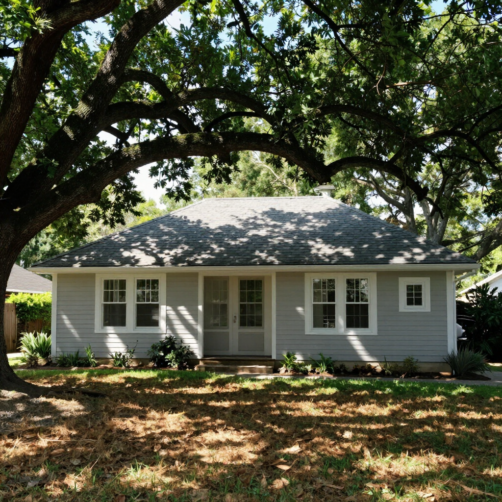 Single-story gray house with white trim under a large tree canopy and shaded front yard