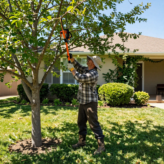 Person trimming a tree with orange hedge trimmers in a sunny front yard