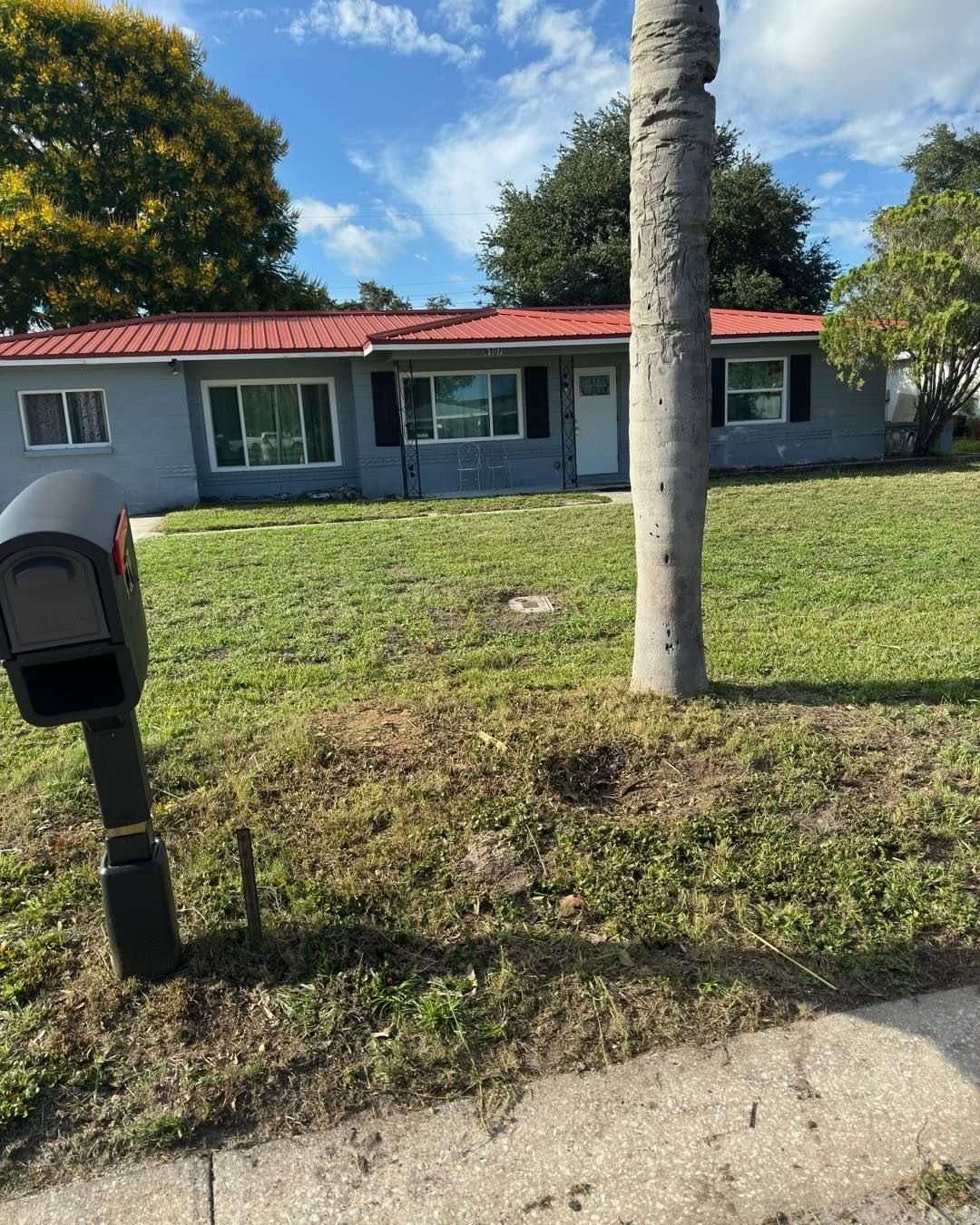 Single-story house with red roof and gray exterior, viewed from the street with a mailbox and palm tree in front.