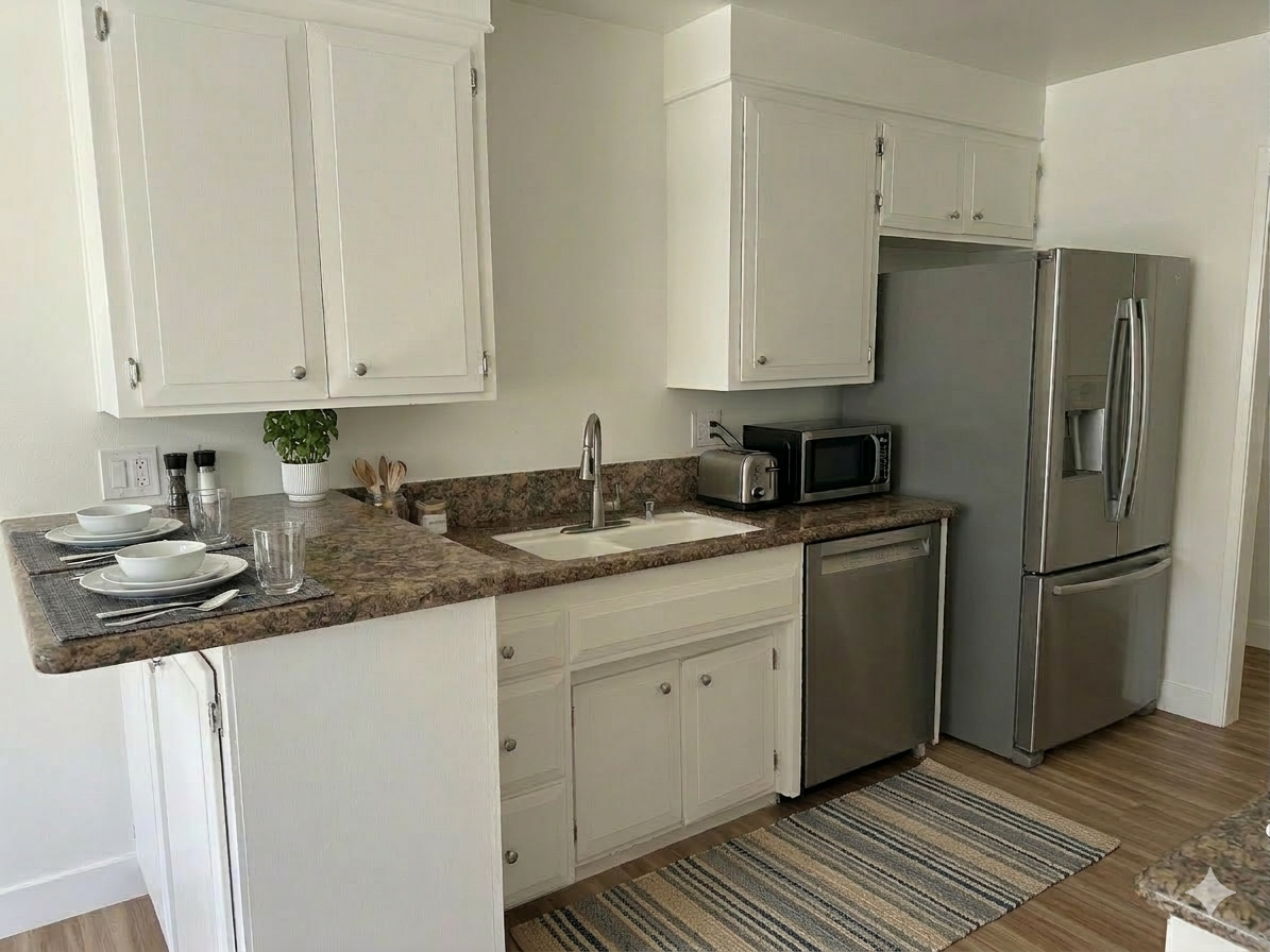 A bright kitchen featuring white cabinets, speckled brown countertops, a stainless steel refrigerator, and a small rug.