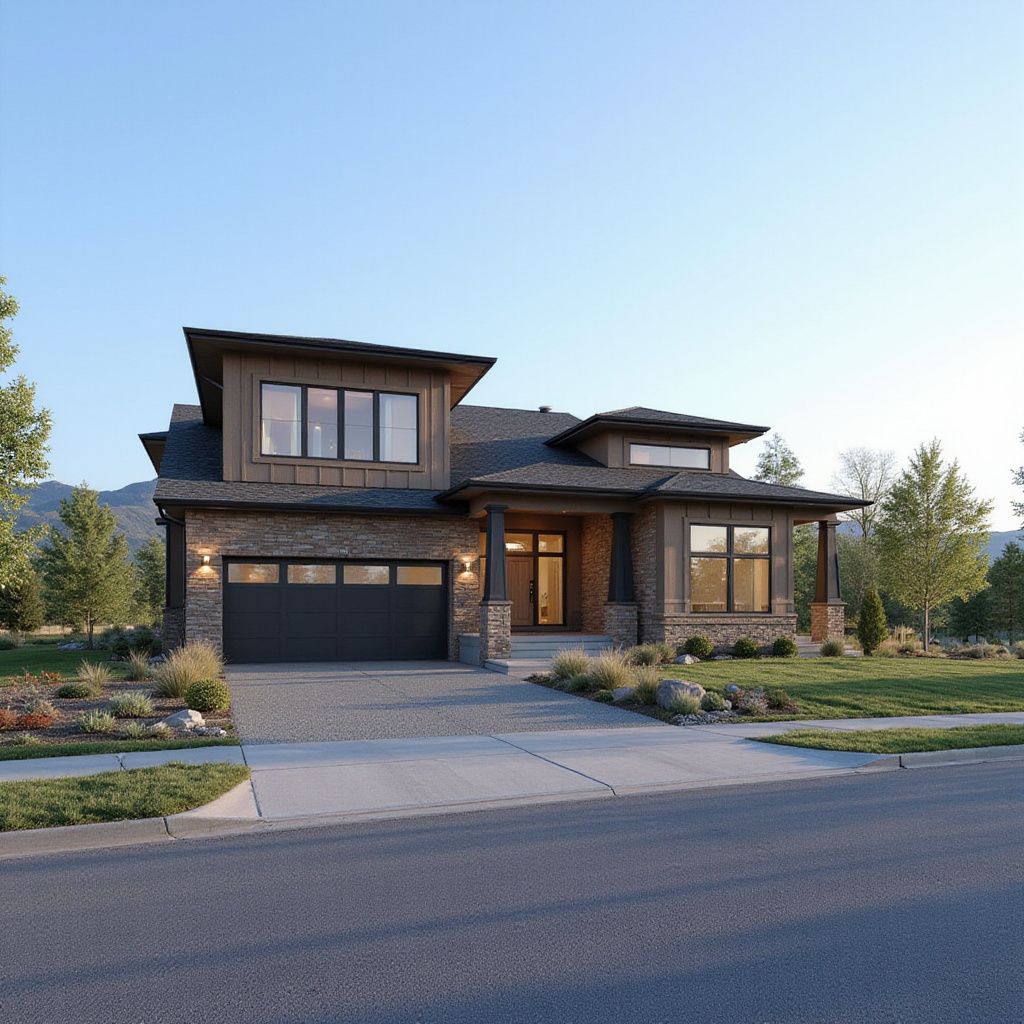 A two-story suburban home with stone and wood siding, a dark garage door, and a paved driveway, set against a clear sky.
