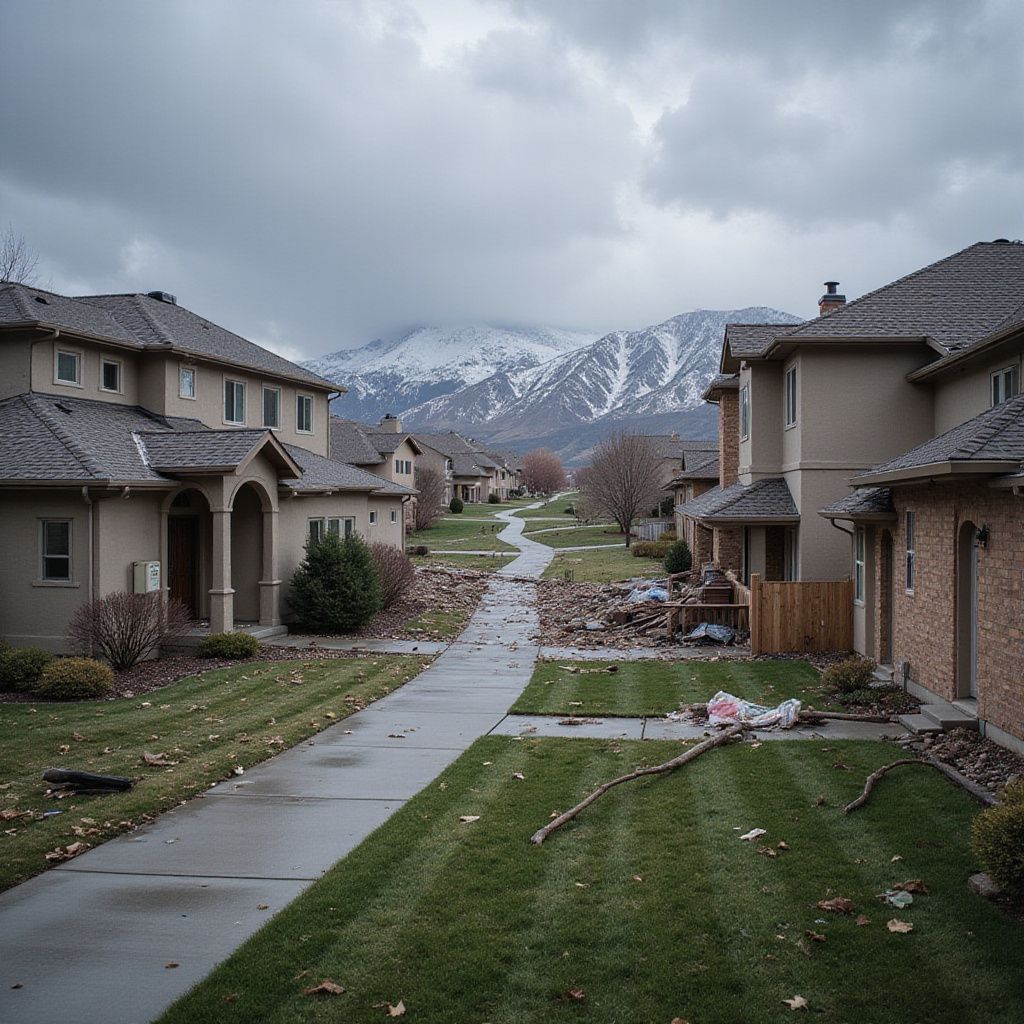 Two rows of homes on a street that leads to a mountain that has storm damage