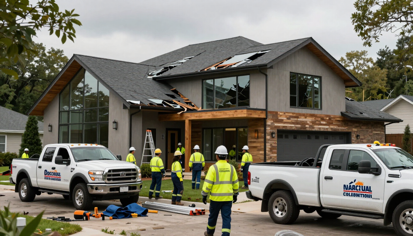 Homeowner inspecting property damage with insurance paperwork