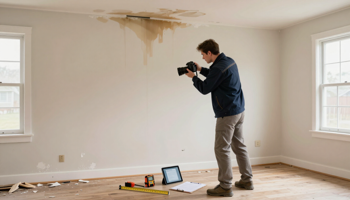 Public adjuster documenting property damage during an insurance inspection