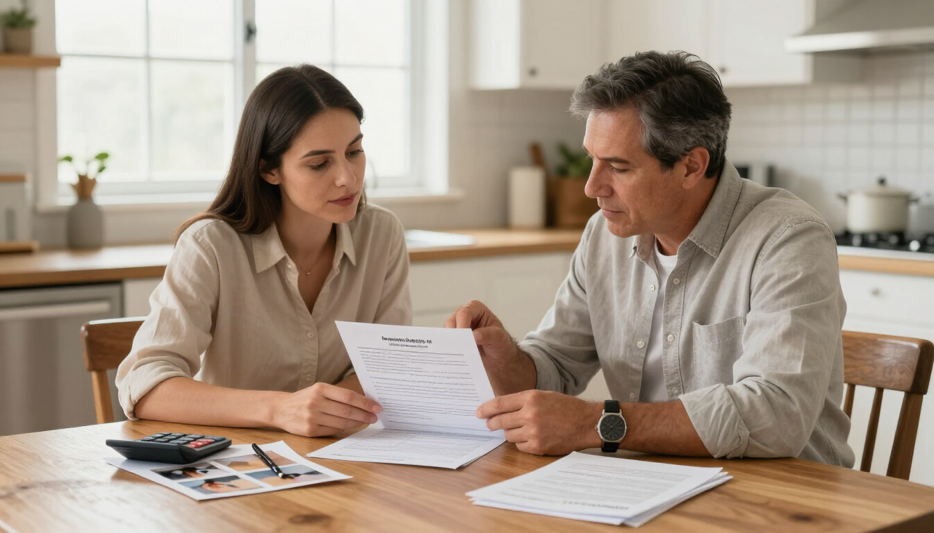Homeowner and public adjuster reviewing insurance claim documents at a kitchen table
