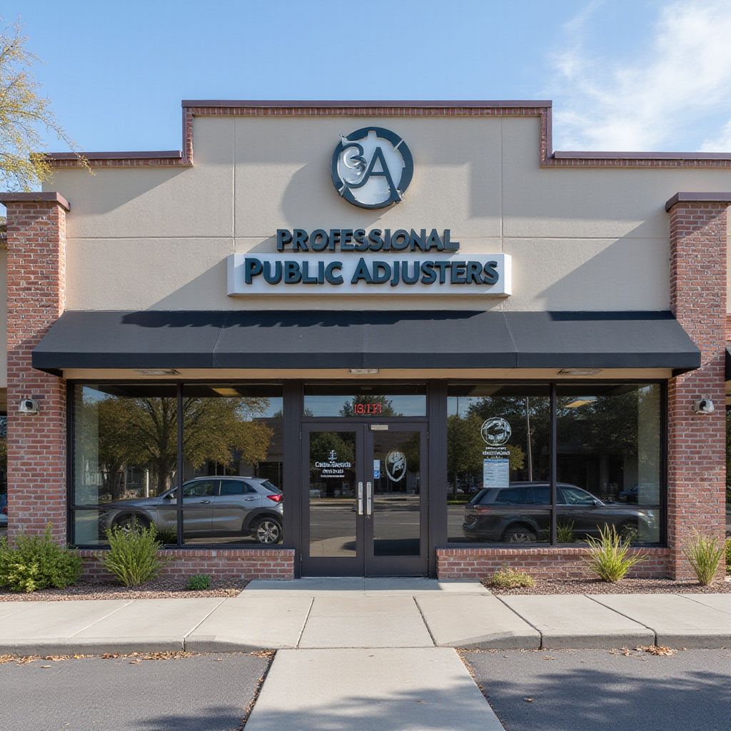 Exterior of the Professional Public Adjusters office building with a brick facade and black awning on a sunny day.