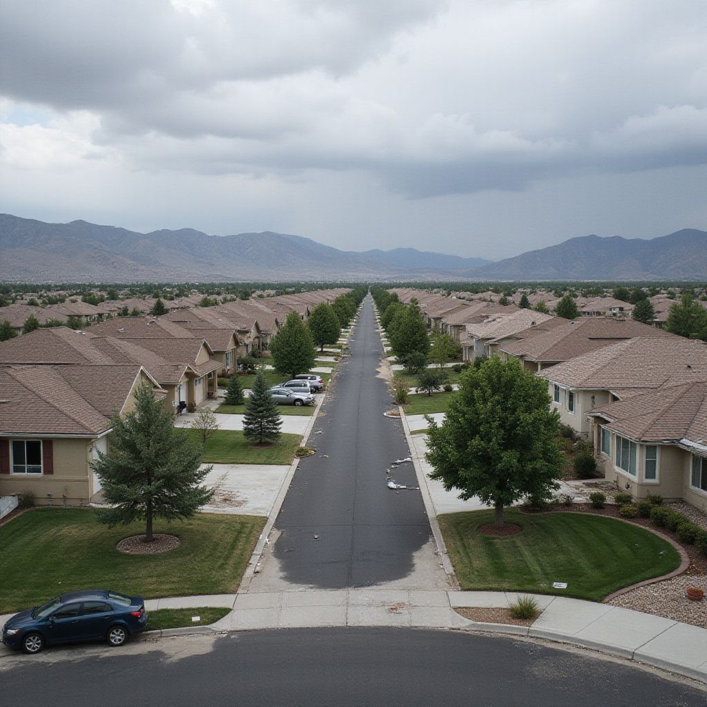 row of homes with storm clouds in the sky