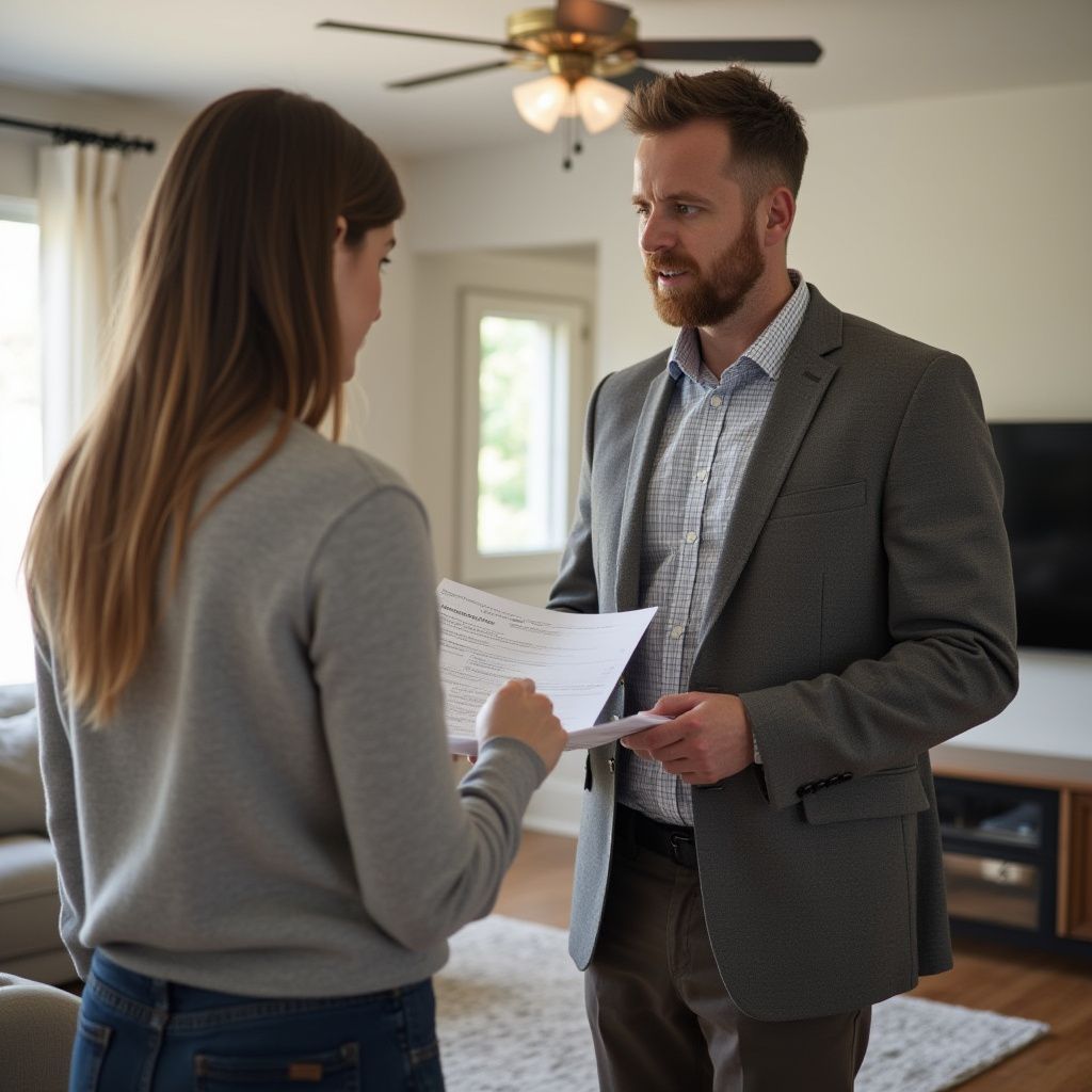 A person in a gray sweater reviews documents with a man in a suit jacket inside a house.