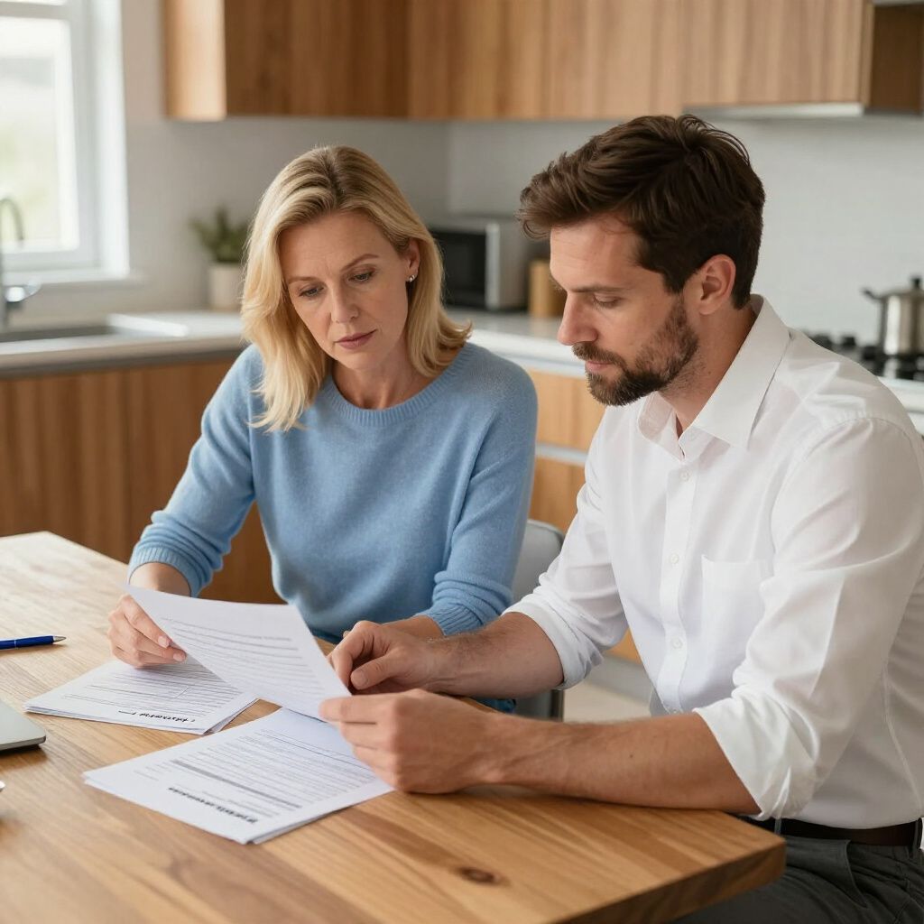 A person in a blue sweater and another in a white shirt sit at a wooden kitchen table, reviewing documents together.