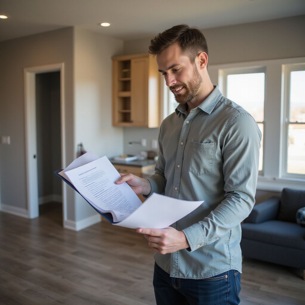 A person in a gray button-down shirt reviews documents while standing in a modern, light-filled living space.