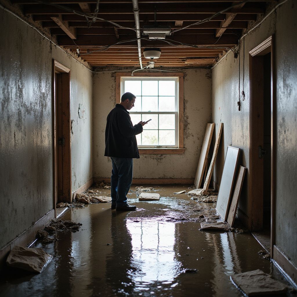 A person stands in a dark, flooded hallway, holding a phone in front of a window at the end of the corridor.