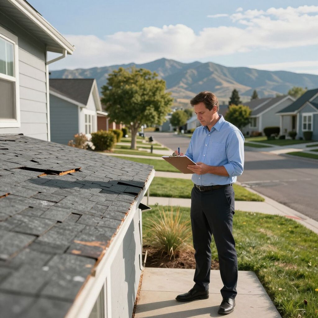 A professional stands by a house with a damaged roof, writing on a clipboard during a home inspection in a neighborhood.